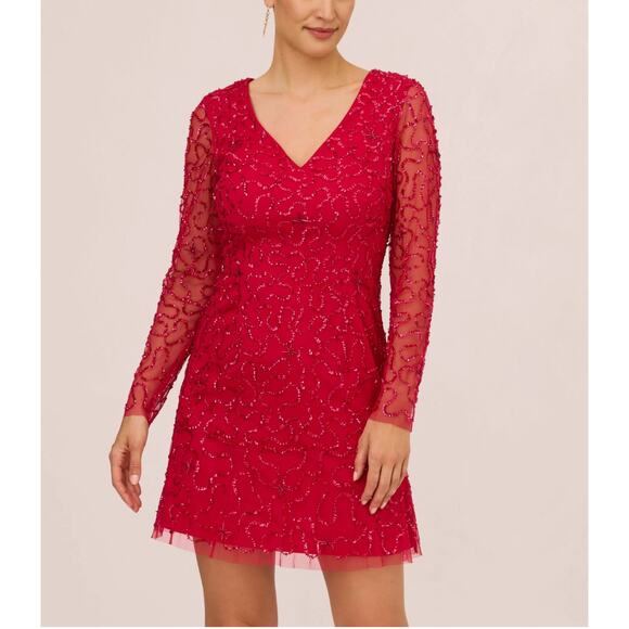 Adrianna Papell Red Sequin Long Sleeve Mini Cocktail Dress Size 10 V-Neck A-Line - Picture 12 of 14